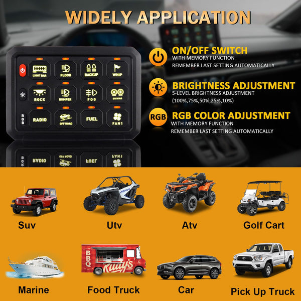 Chelhead 12V/24V Switch Control Panel RGB 6 Gang Dimmable Multi-Function Programmable Switch Panel Acc Battery Control Waterproof, Compatible with Truck Boat SUV RV Trailer Marine ATV UTV