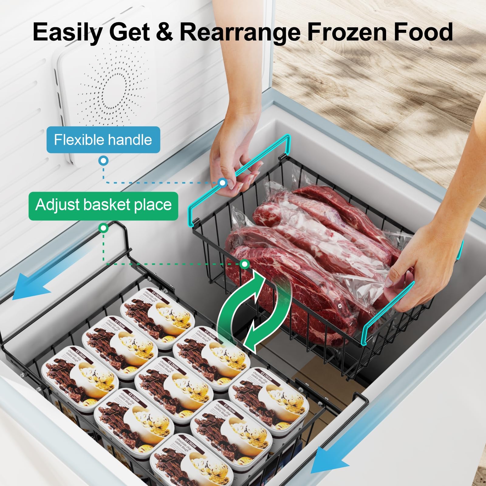 iSPECLE 4 Pack Freezer Organiser - 3 Pack Stackable Chest Freezer Baskets and 1 Pack Hanging Freezer Storage Baskets for 142L Chest Freezer Add Space