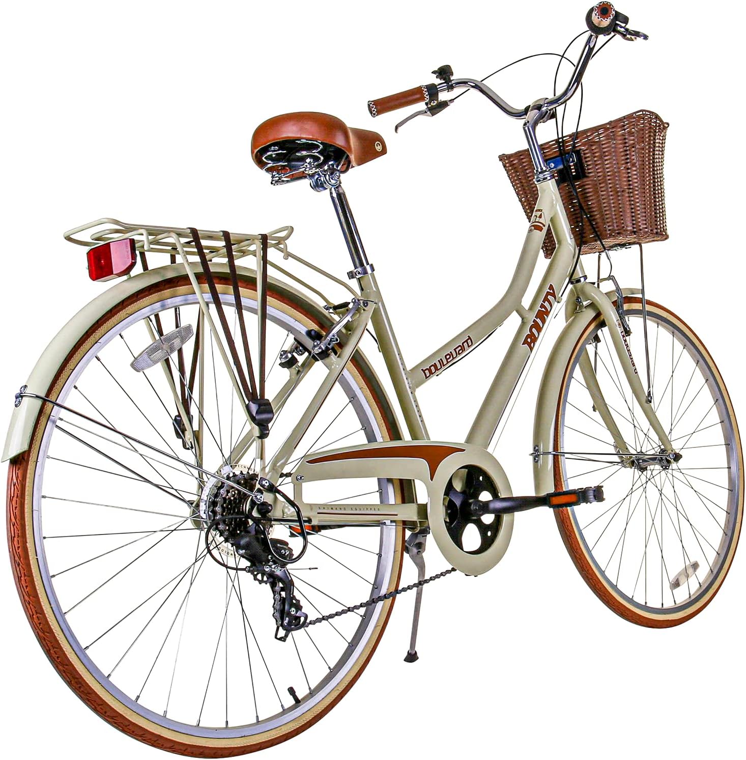 Bounty Boulevard Hybrid Bike - Classic Step-Through Frame with 6 Speed Shimano Gears, Sprung Saddle, Pannier Rack, and Front Basket - Formal Road Bike