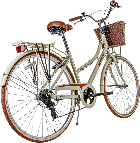 Bounty Boulevard Hybrid Bike - Classic Step-Through Frame with 6 Speed Shimano Gears, Sprung Saddle, Pannier Rack, and Front Basket - Formal Road Bike