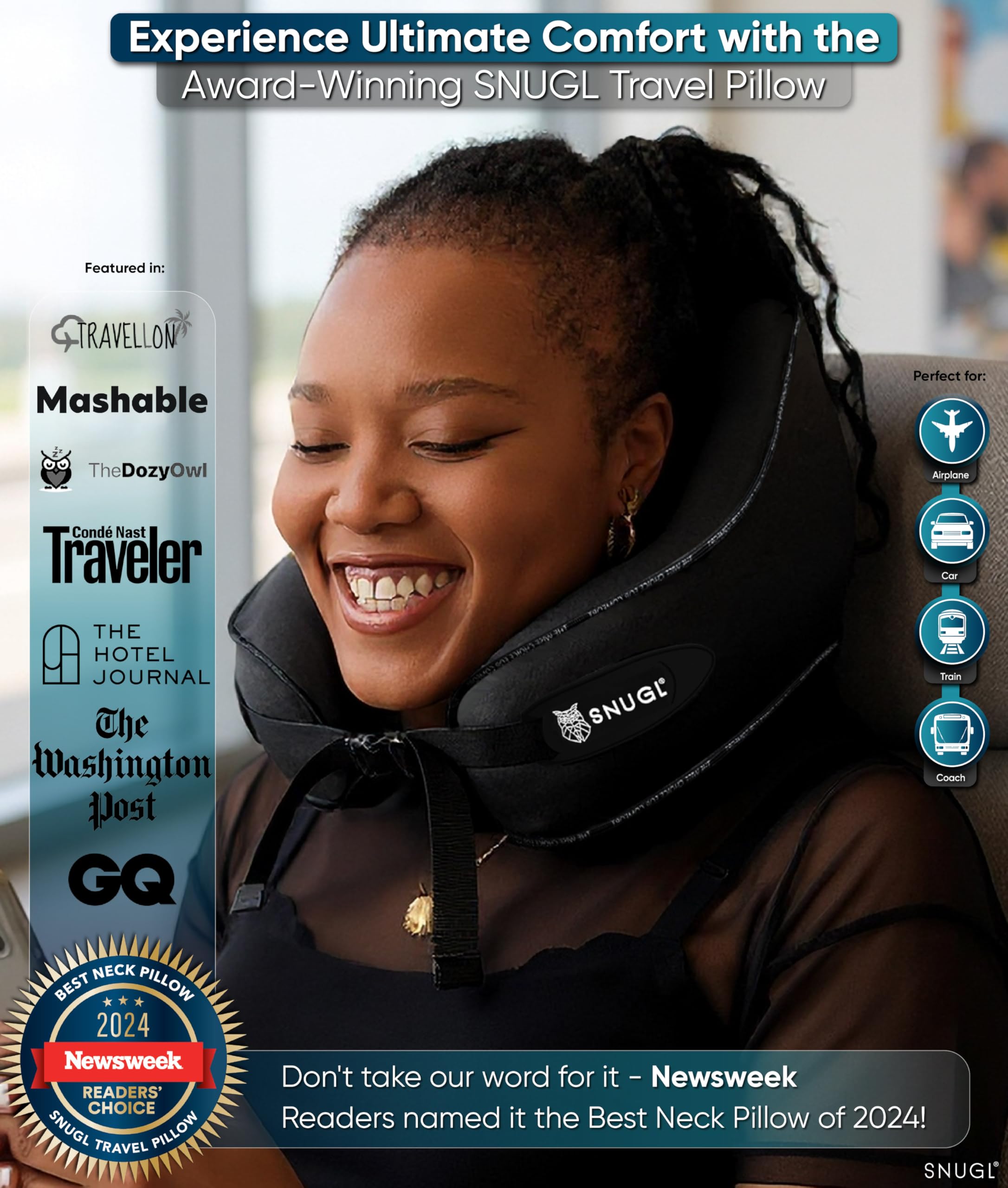 SNUGL Travel Pillow – Memory Foam Neck Pillow for Travel – Support Cushion for Airplane with Carry Bag & Clip - Holiday Essentials (Black - Adult Regular)