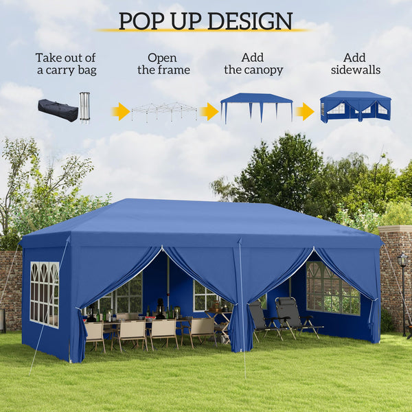 Outsunny 3 x 3(m) Pop Up Gazebo, Water and UV Resistant Party Tent Camping Canopy Marquee with Carry Bag, Blue