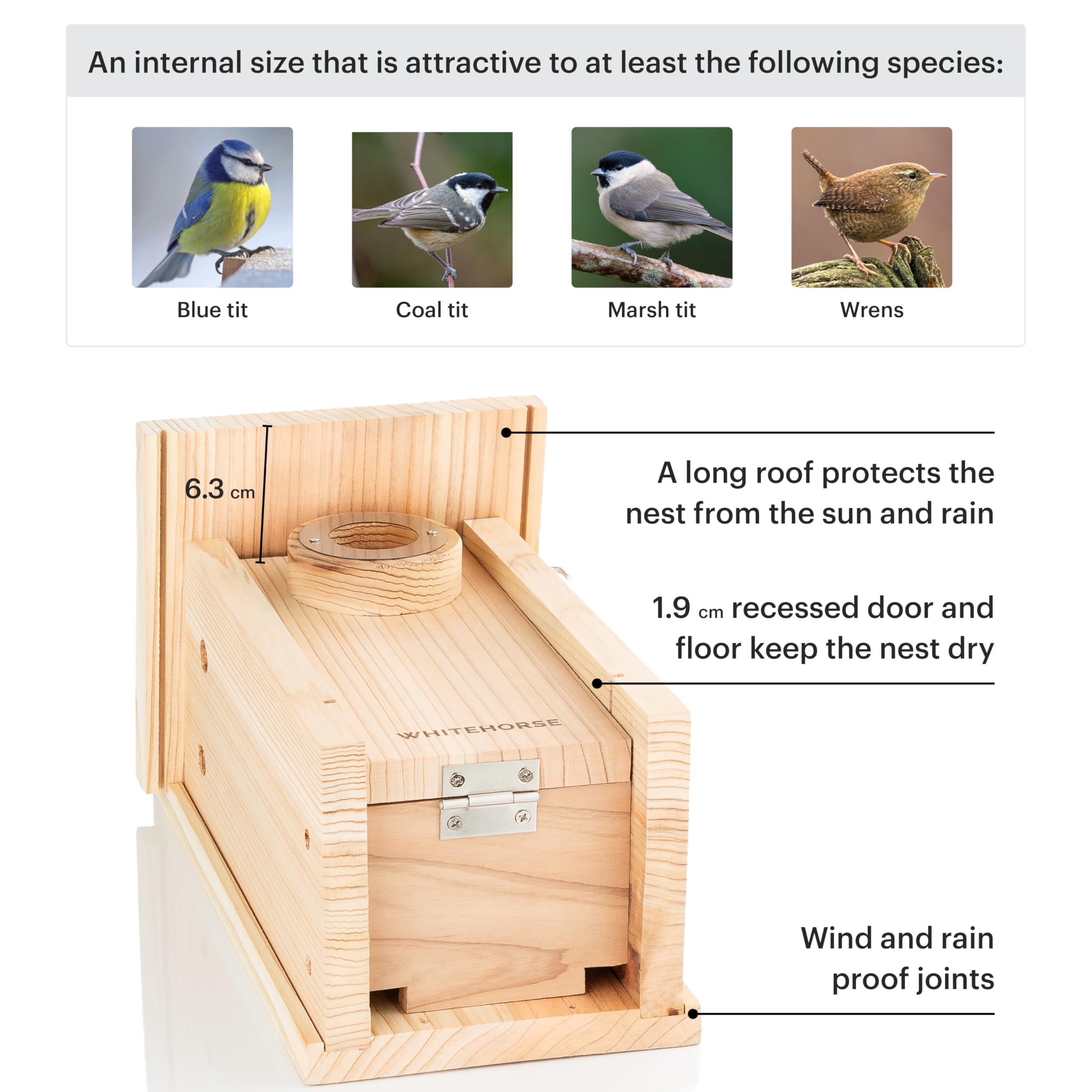 WHITEHORSE Premium Cedar Bird House - Weatherproof Design - A Nest Box Built to Certification Specs - Enjoy Bird Watching While Supporting Birds