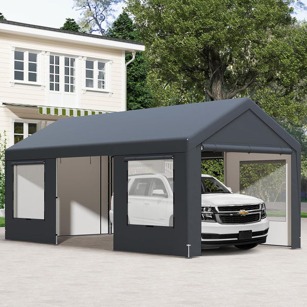 COSTWAY 3mx6m Carport, Heavy Duty Galvanized Car Canopy with 8 Removable Sidewalls & Adjustable Tarp, UV Resistant Waterproof Garage Boat Shelter Party Tent for Outdoor Garden