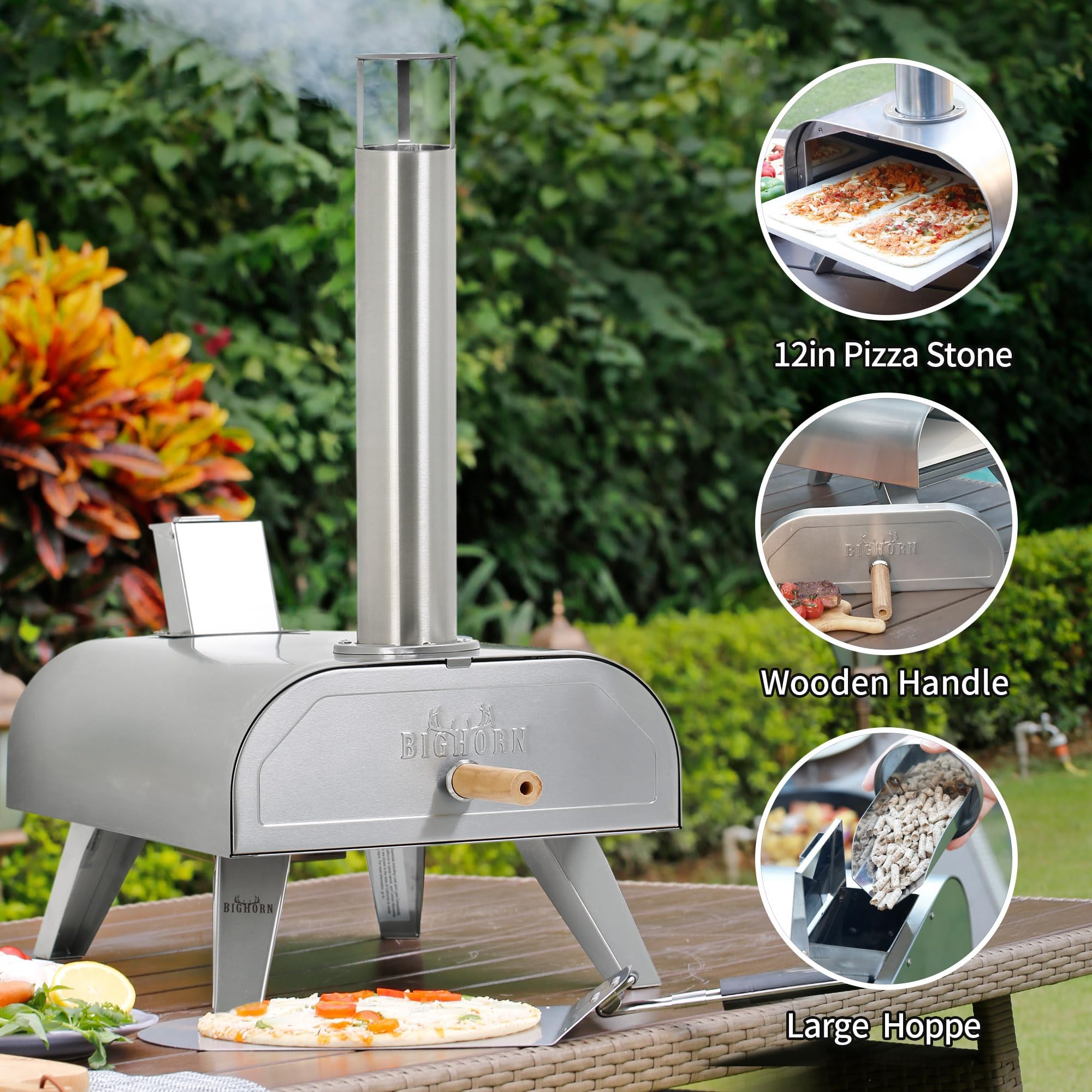 BIG HORN OUTDOORS Pizza Ovens Wood Pellet 12” Pizza Oven Cooking Pizza Maker Portable Pizza Grill (Black)