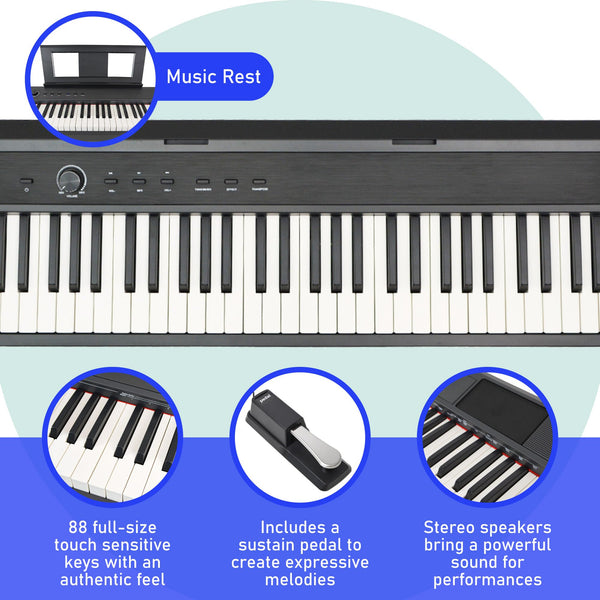 Axus AXD55 88 Key Digital Piano Keyboard with Touch Sensitive Keys, Sustain Pedal and High-Level Features and Functions.