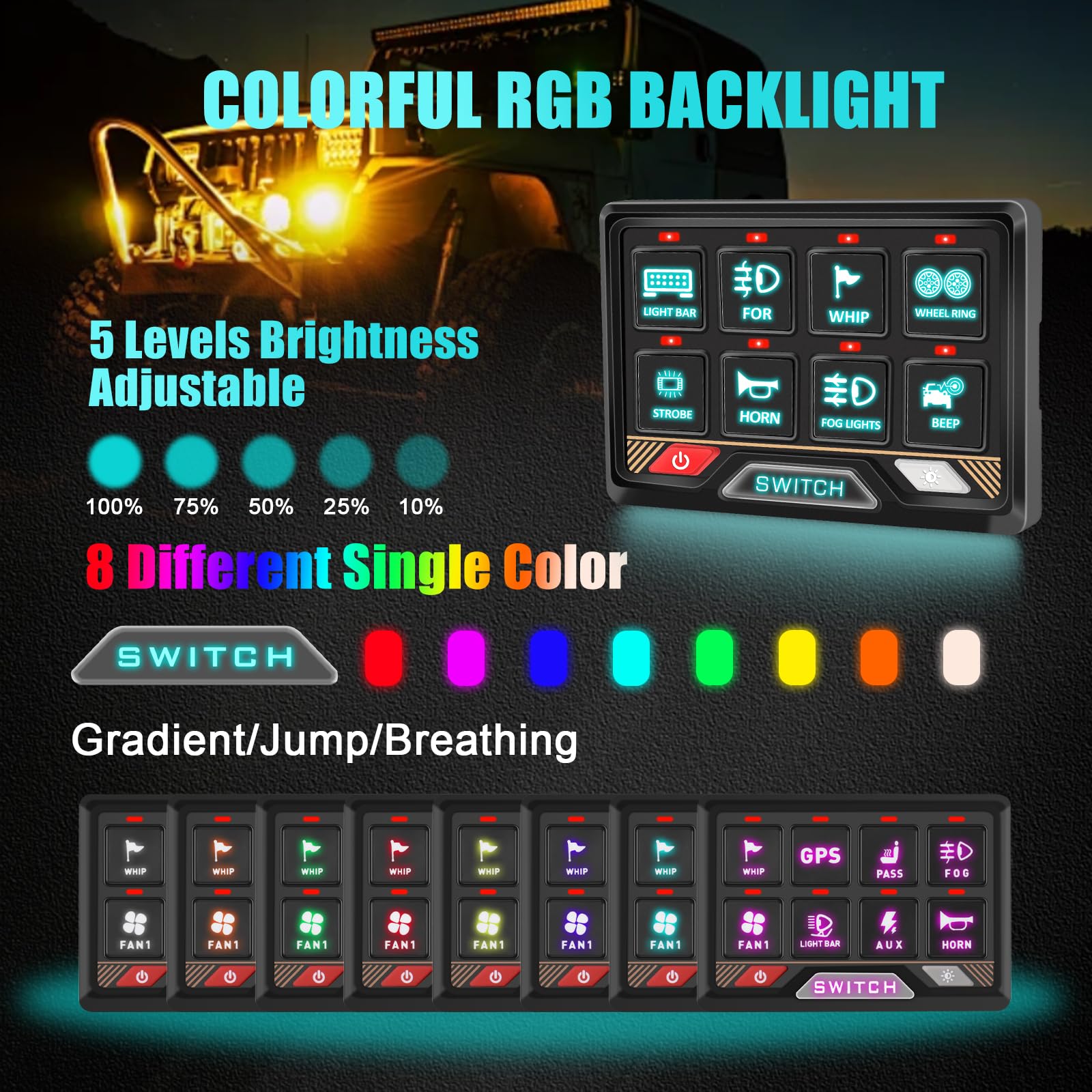 Chelhead RGB 6 Gang Switch Panel with APP Control, Universal Circuit Control Relay System, Multi-Function Bluetooth Remote Switch Panel, Compatible with Truck Boat SUV RV Trailer Marine ATV UTV