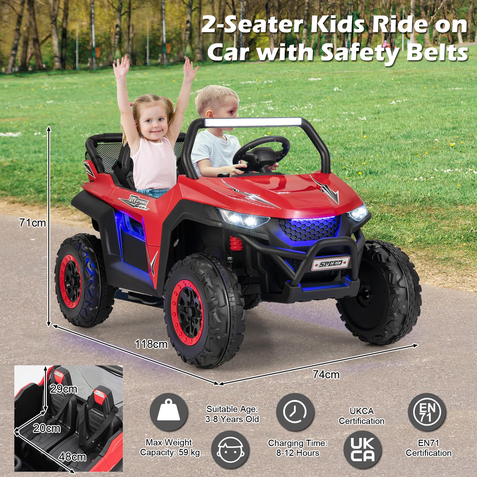 Kids Electric UTV, 2-Seater 12V Battery Powered Toy Car with Remote Control, Lights, Bluetooth, MP3, USB, FM, High/Low Speed & Suspension Spring, Children Ride on Car for 3-8 Years Old (Yellow)