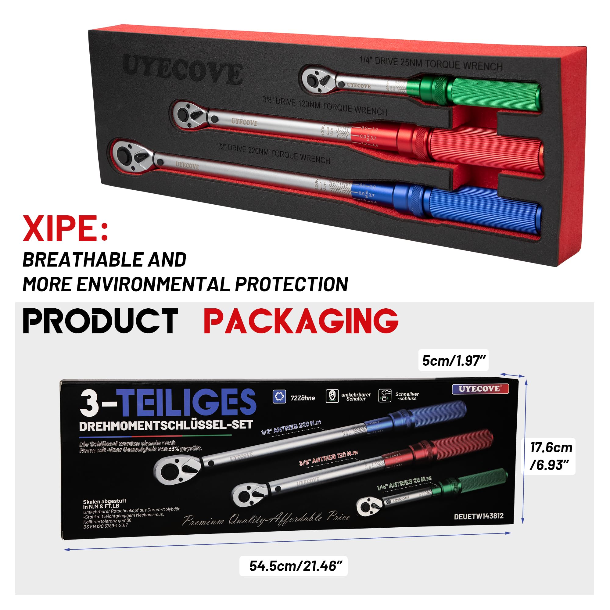 Torque Wrench Set 1/4 5-25Nm, 3/8 20-120Nm, 1/2 40-220Nm, 72 Tooth Dual-Direction Reversible Click Torque Wrenches for Bike Motorcycle, Car, Truck