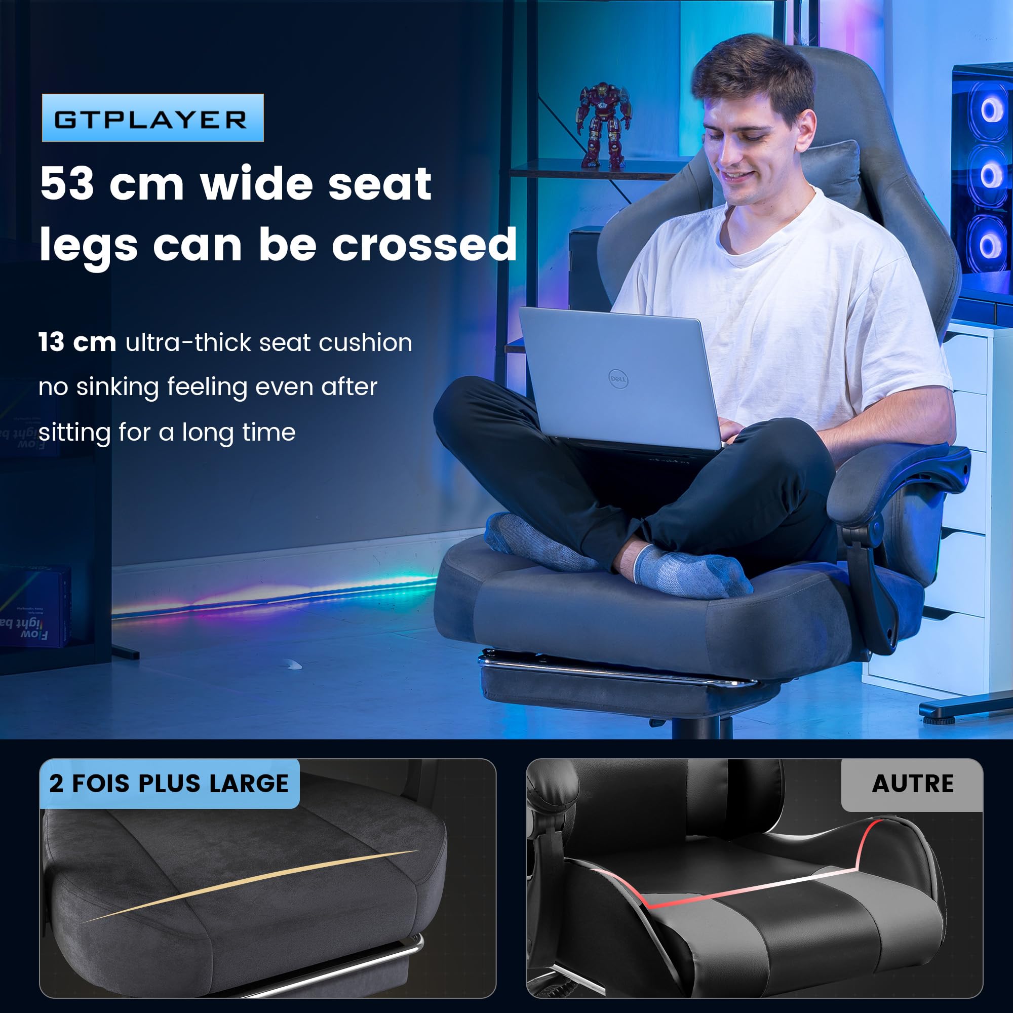 GTPLAYER Fabric Gaming Chair, Ergonomic Computer Chair with Footrest and Lumbar Support Height Adjustable Home Office with 360°-Swivel Seat and Headrest