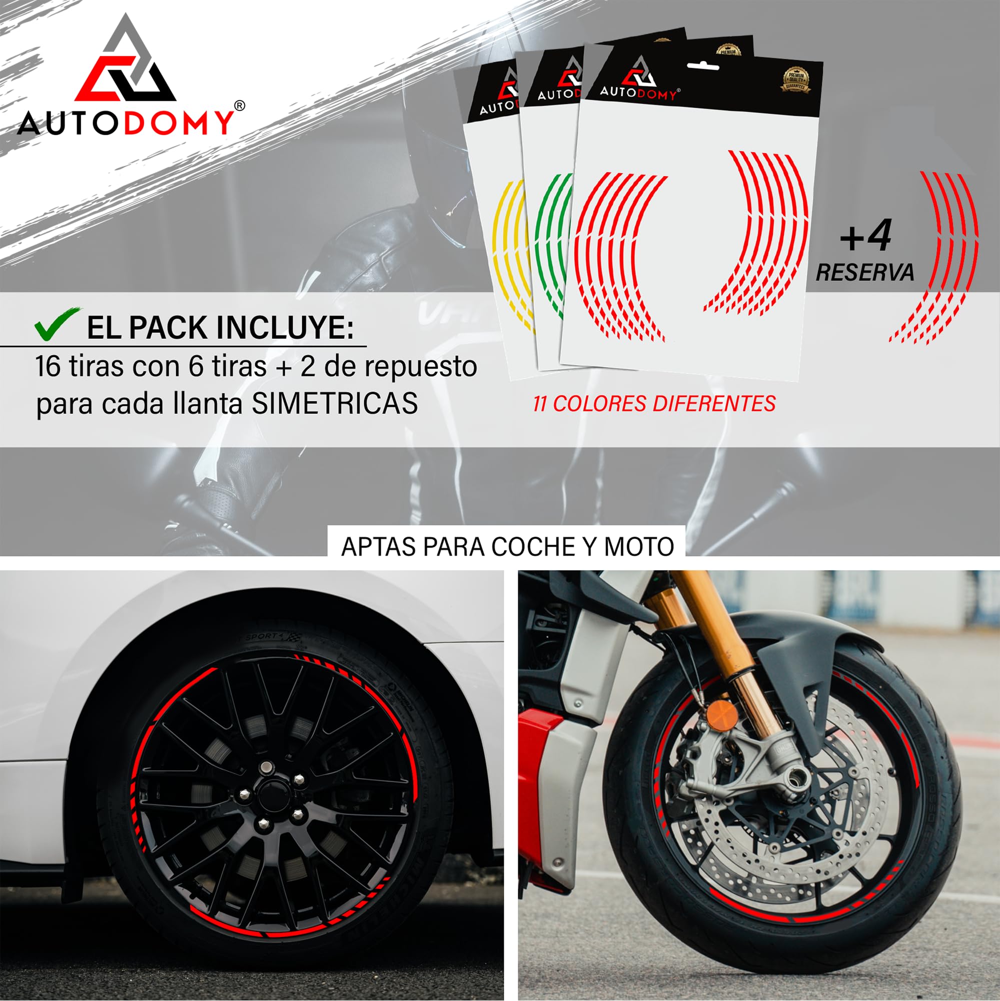 Pack 6 Units Wheel Rim Stickers Desing Sport | Complete set for 2 Motorcycle Wheel Stripes 15" to 19" Resistant Rain and UV | Motorbike Stickers Black