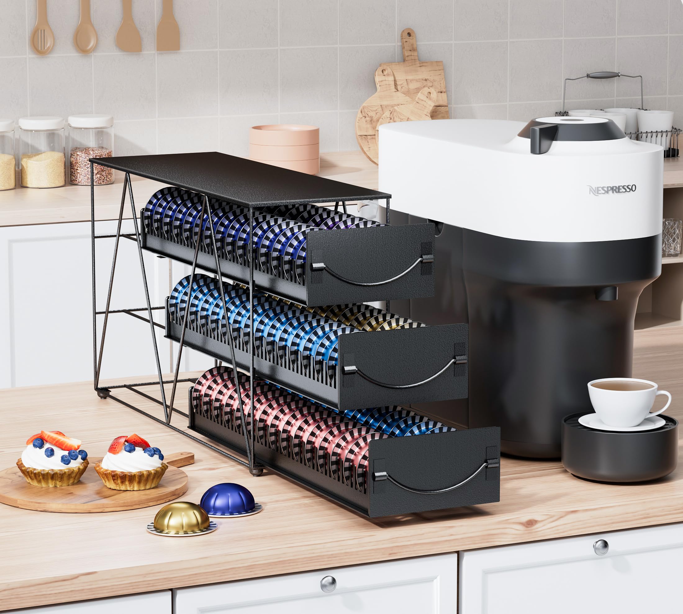HFHOME Coffee Pod Holder Drawer for 90 Nespresso Vertuo Pods, 3 Tier Nespresso Pod Organizer, Metal Coffee Capsules Storage Stand with Sliding Drawers