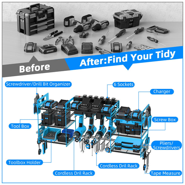Power Tool Organizer with 6 Way Extension Lead,Large Tools Charging Station,8 Power Drill Tools Heavy Duty Drill Holder Wall Mounted Rack Utility Metal Tool Shelf Storage Organiser for Garage