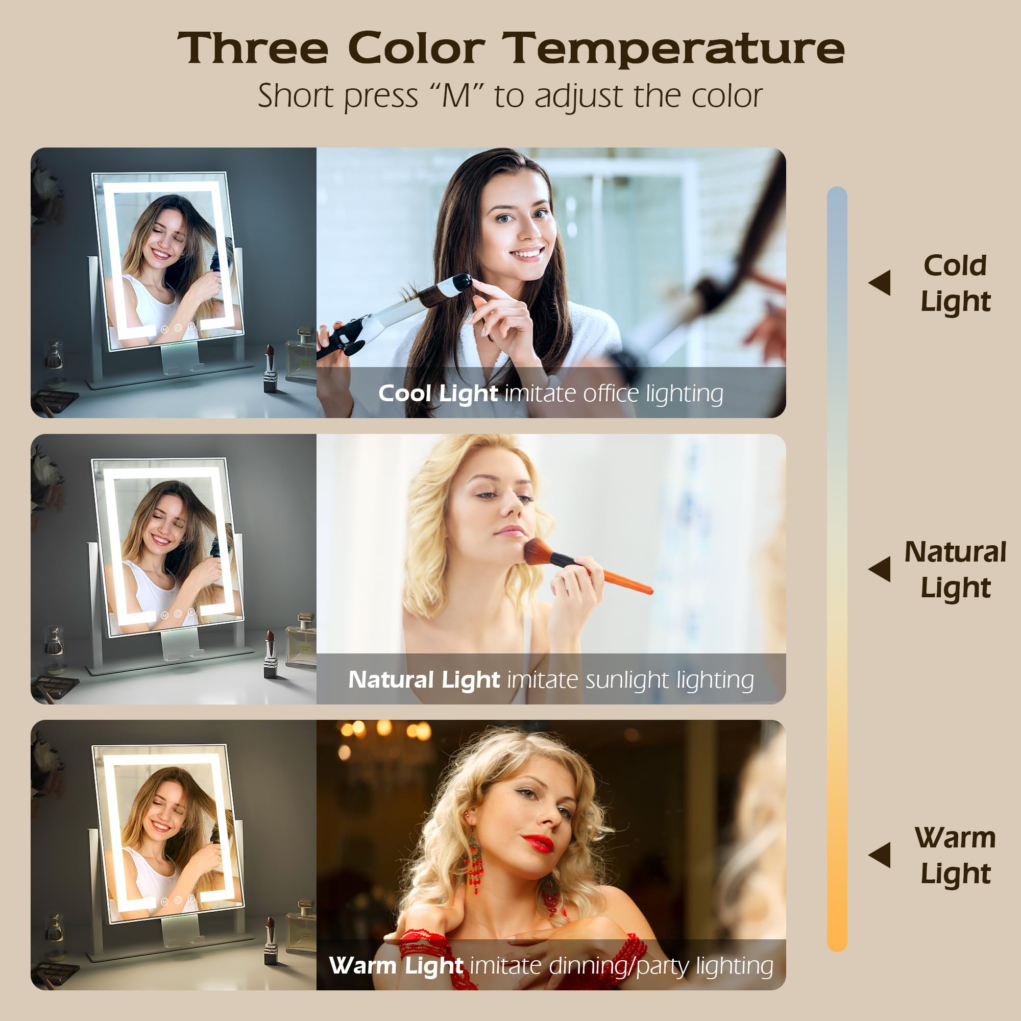 LuxeVue Vanity Mirror with Lights, 25 x 30cm LED Makeup Mirror, Lighted Makeup mirror with Dimmable 3 Modes, Smart Touch Control,360Rotation,Gifts