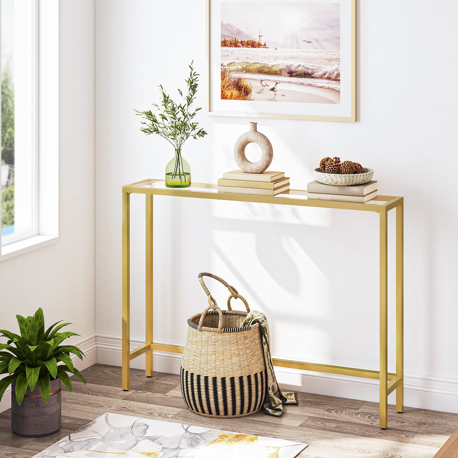 HOOBRO Gold Console Table for Hallway Slim, 100 cm Tempered Glass Sofa Table, Slim Hallway Table, Glass Console Table, Modern Display Table for Living
