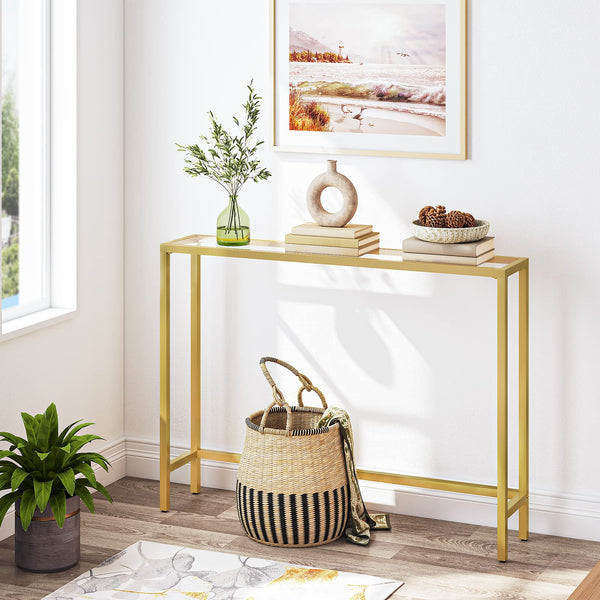 HOOBRO Gold Console Table for Hallway Slim, 100 cm Tempered Glass Sofa Table, Slim Hallway Table, Glass Console Table, Modern Display Table for Living