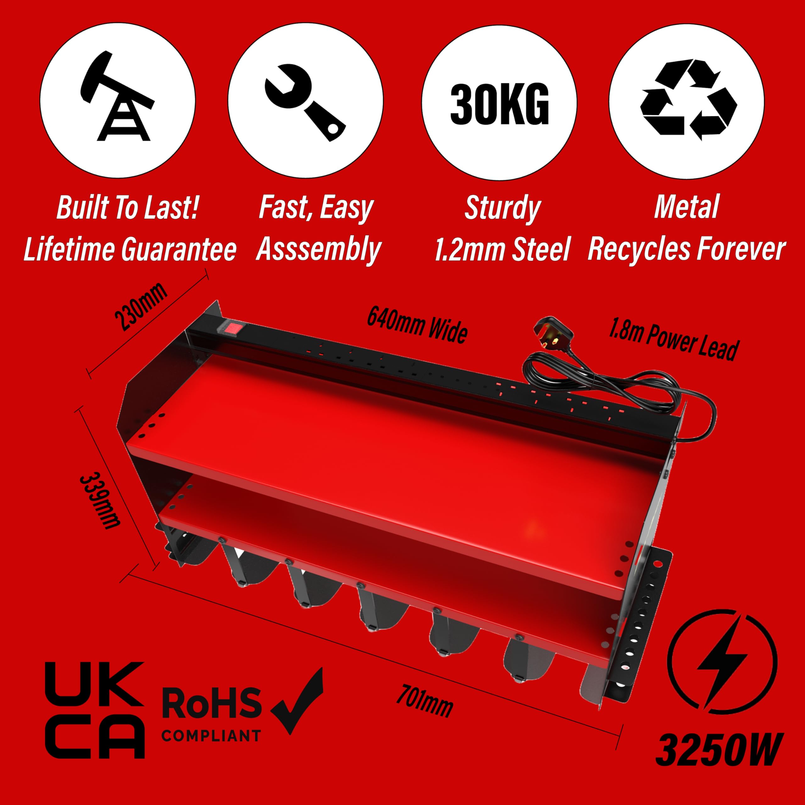 Toolganize Power Tool Organiser, Storage Rack with Power Strip Charging Station, Heavy-Duty for Workshop & Garage Tools - 4 Slot, Milwaukee Red.