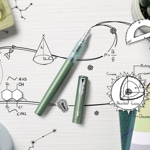 Parker Vector Fountain Pen | Black with Chrome Trim | Medium Nib | Blue Ink | Hangtab