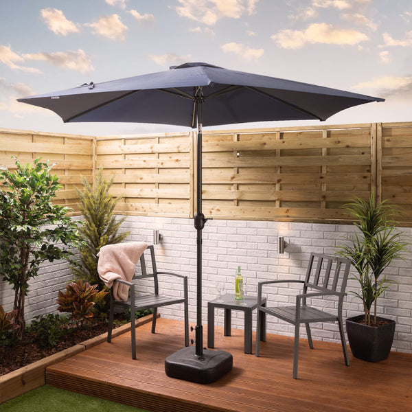 Alfresia 2.7 Metre Parasol - Round with Push Button Tilt, Outdoor Table Parasol Umbrella with Crank Handle, Garden Patio Sun Shade, Grey, Easy Assemble