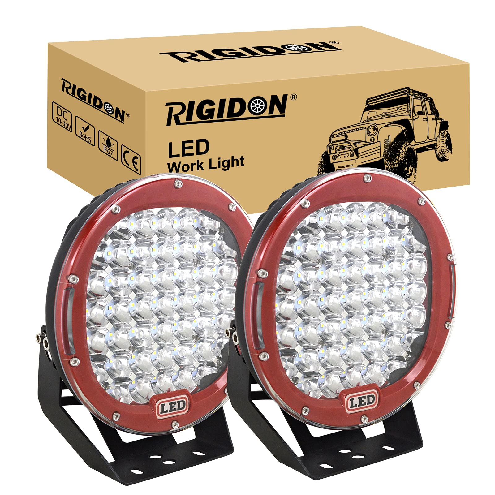 RIGIDON 2 Pcs Black Case Round Led Work Light, 9 inch 294W Spot Beam, 12V 24V Driving Lights Lamp Headlight for Car Off road Boat Truck 4x4 SUV ATV Tractors Excavator, 6000K White, Fog Lamp