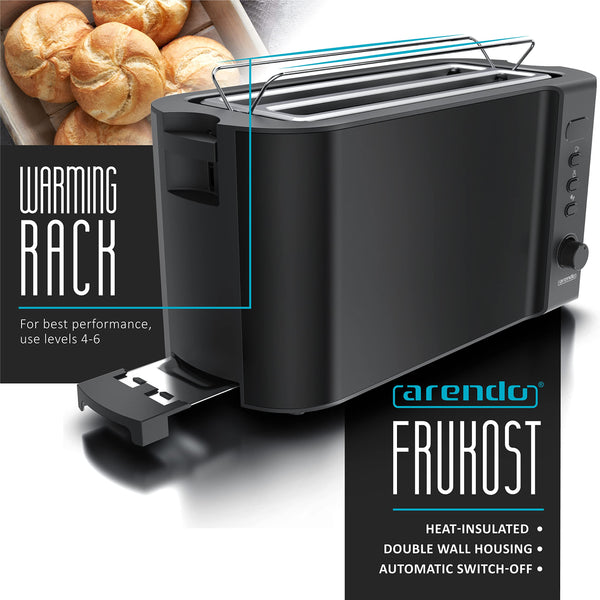 Arendo Frukost 4 slice long slot toaster, Double wall housing, with warming rack, 6 Browning settings, auto bread centring, Reheat Defrost Cancel