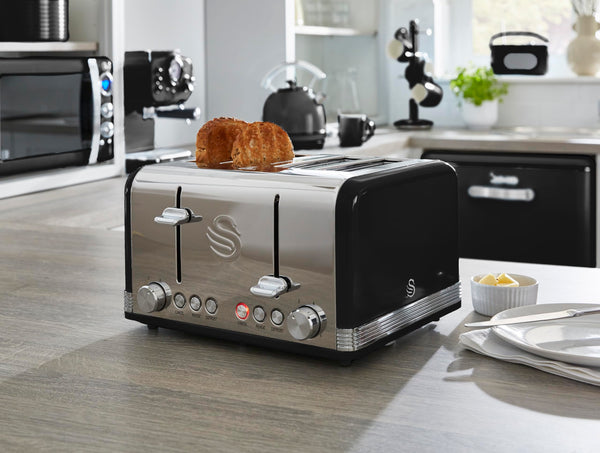 Swan ST19020GRN Retro 4-Slice Toaster with Defost/Reheat/Cancel Functions, Cord Storage, 1600W, Retro Grey