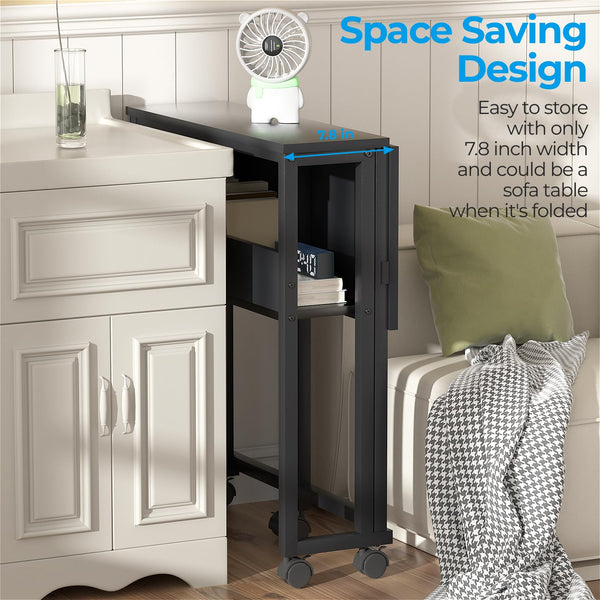 GreenForest Small Folding Desk with Storage Shelf,63 cm Computer Rolling Desk on Wheels Easy Assembly,Foldable desk for Small Space,Black