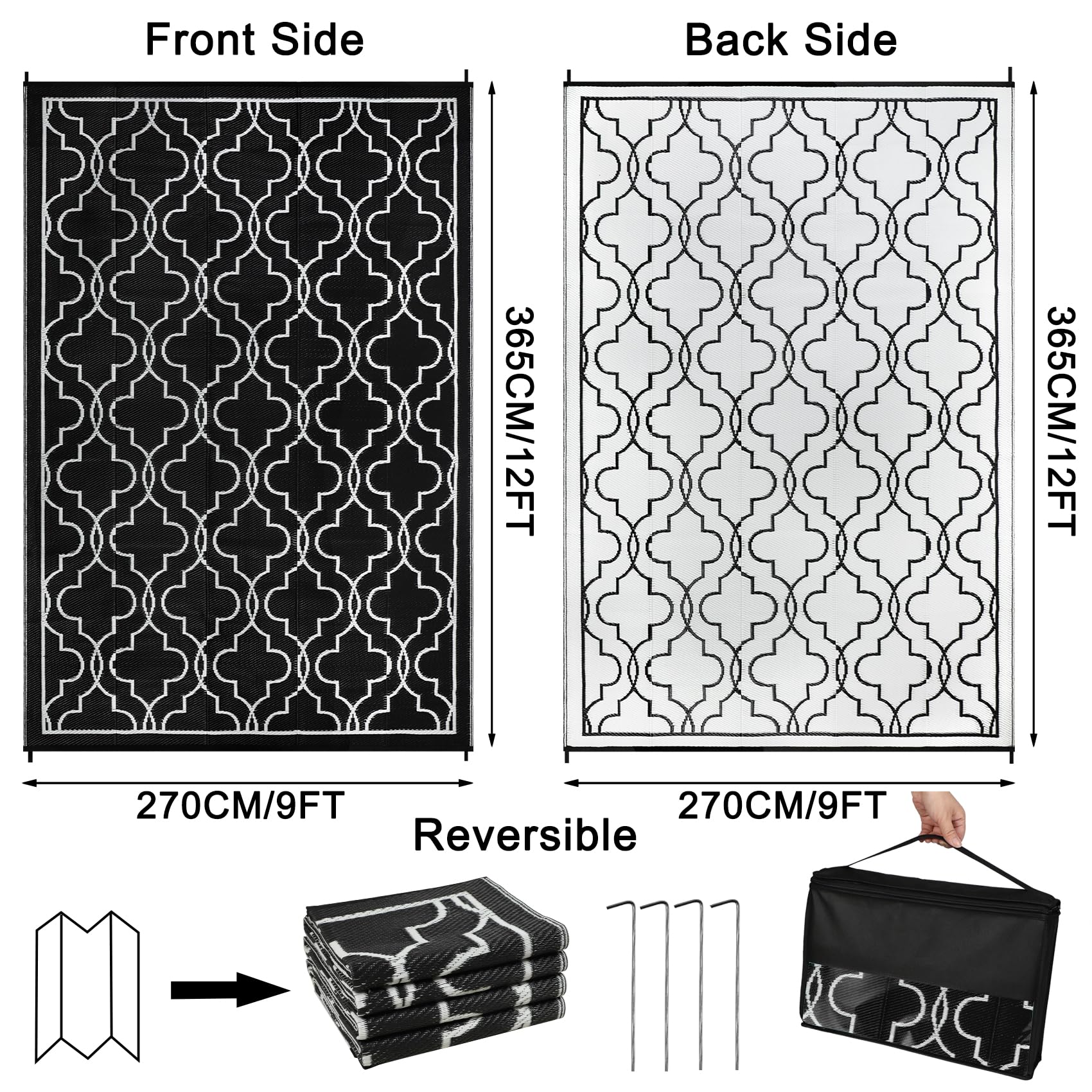 Cekene Large Outdoor Rug Waterproof Black 245x305cm Patio Rugs Reversible RV Camping Mat Lightweight Plastic Portable Outdoor Carpet for Picnic Porch Deck Backyard BBQ Beach