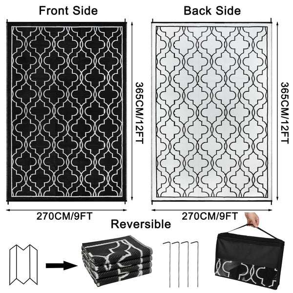 Cekene Large Outdoor Rug Waterproof Black 245x305cm Patio Rugs Reversible RV Camping Mat Lightweight Plastic Portable Outdoor Carpet for Picnic Porch Deck Backyard BBQ Beach