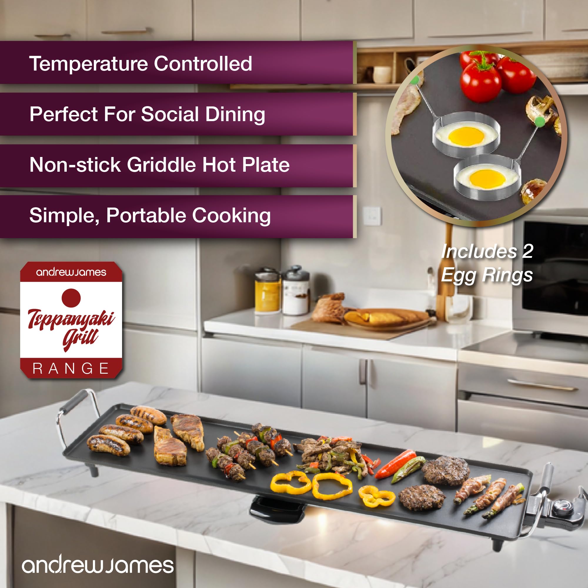 Andrew James Teppanyaki Electric Grill Plate & 2 Egg Rings | XXL Non-Stick Tabletop Griddle with 88cm x 23cm Hot Plate & Adjustable Temperature |