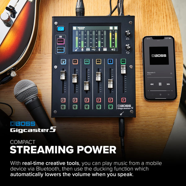 BOSS Gigcaster 8 | 8-Channel Audio Streaming Mixer with Direct Guitar/Bass Input | 4 XLR/TRS Combo Inputs | Built-In Stereo Mic | 8 SFX Pads | 20x14 USB Audio Interface | Onboard Recording | Bluetooth