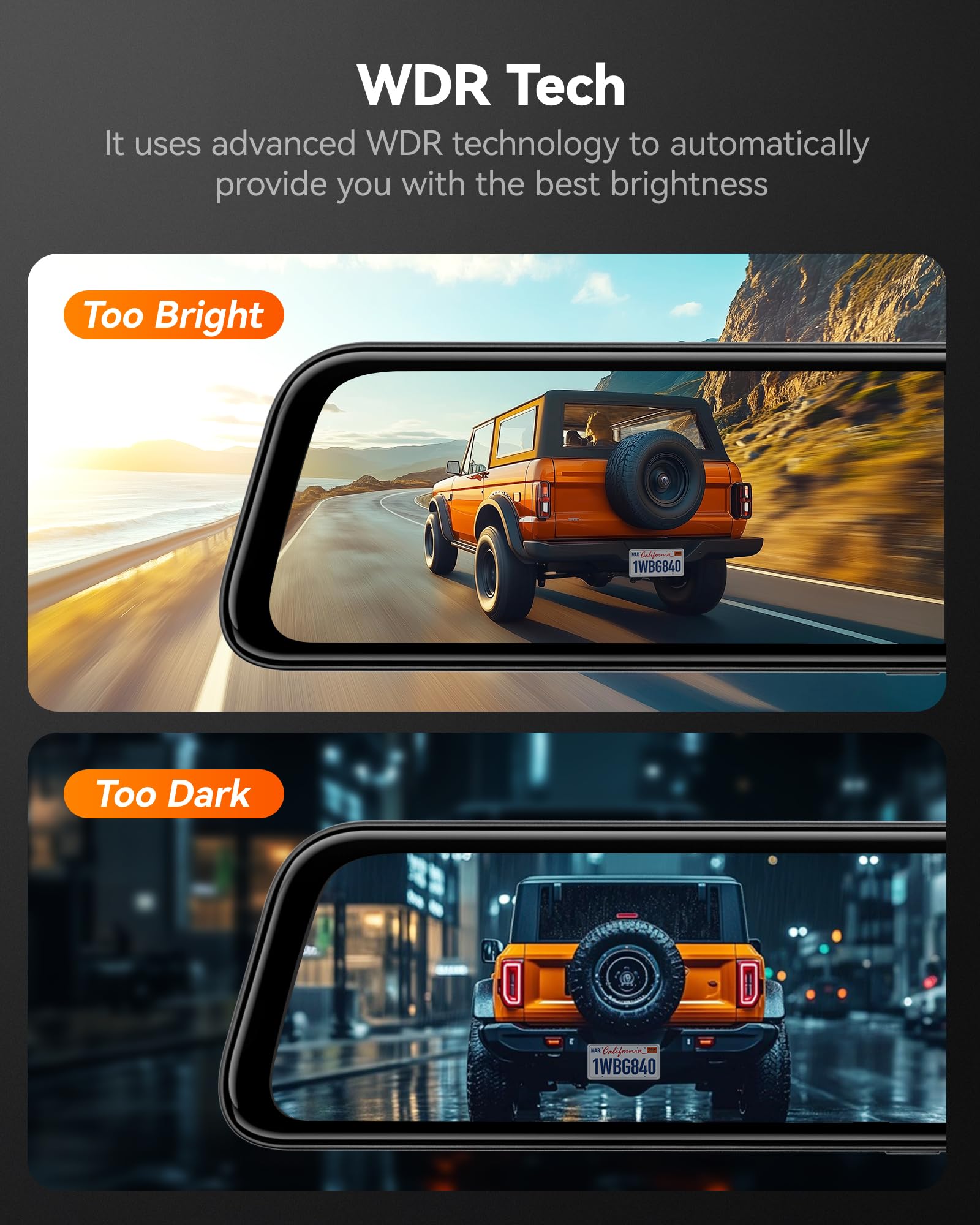 WOLFBOX G840S 12" 4K Mirror Dash Cam with 5.8GHz WiFi, 2160P Full HD Smart Rearview Mirror for Cars & Trucks, Front and Rear Dual Cameras, Night Vision, Reverse Assist, Included 32GB Card & GPS