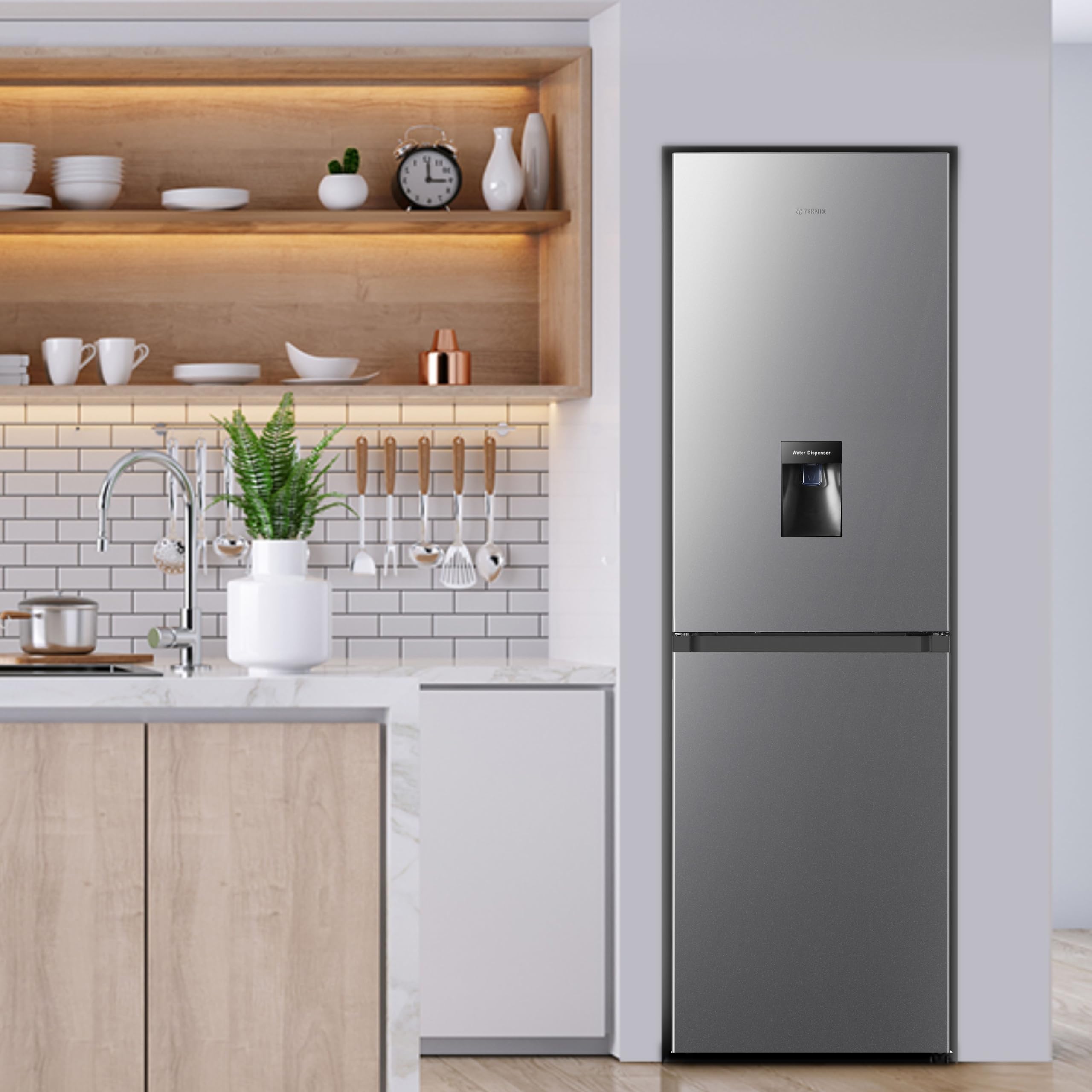 Teknix FFH1825WB 55cm Freestanding 50/50 Fridge Freezer - 256 Litre Capacity - Total No Frost - Non-plumbed Water Dispenser - Black, H182.5 x W55 x D56.2 (cm)