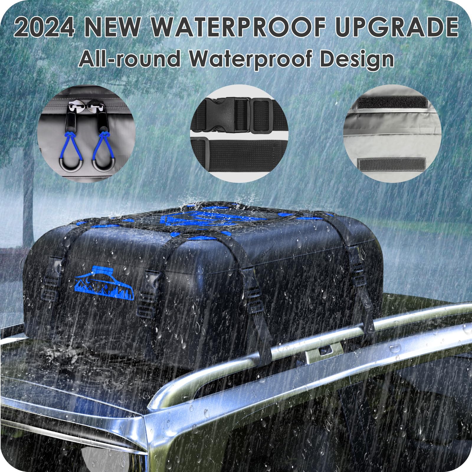 Rymopuey Roof Bag 15 Cubic/425 L, Waterproof Car Roof Bag No Rack Needed, Roof Box with Anti-Slip Mat and 6 Heavy-Duty Straps, Folding Soft Car Roof Box for Cars with/Without Rack (Blue 425 L)