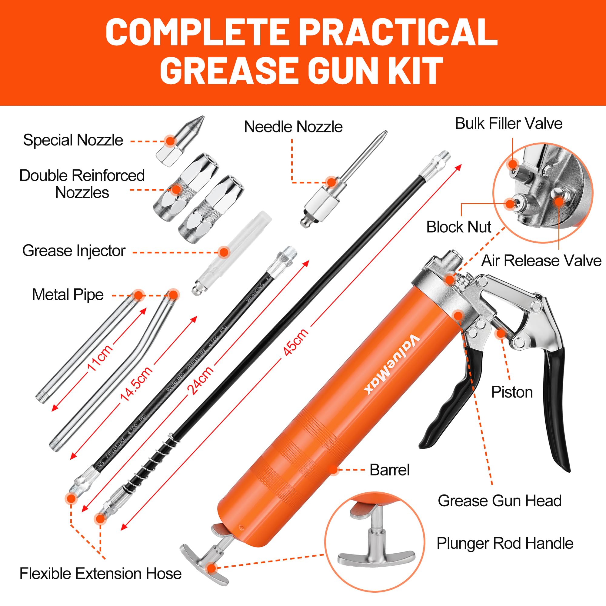 ValueMax Mini Grease Gun Kit, Pistol Grip 3500PSI Grease Gun with 85g Cartridge Grease, with Flexible Hose, Metal Pipes, Couplers and Nozzles