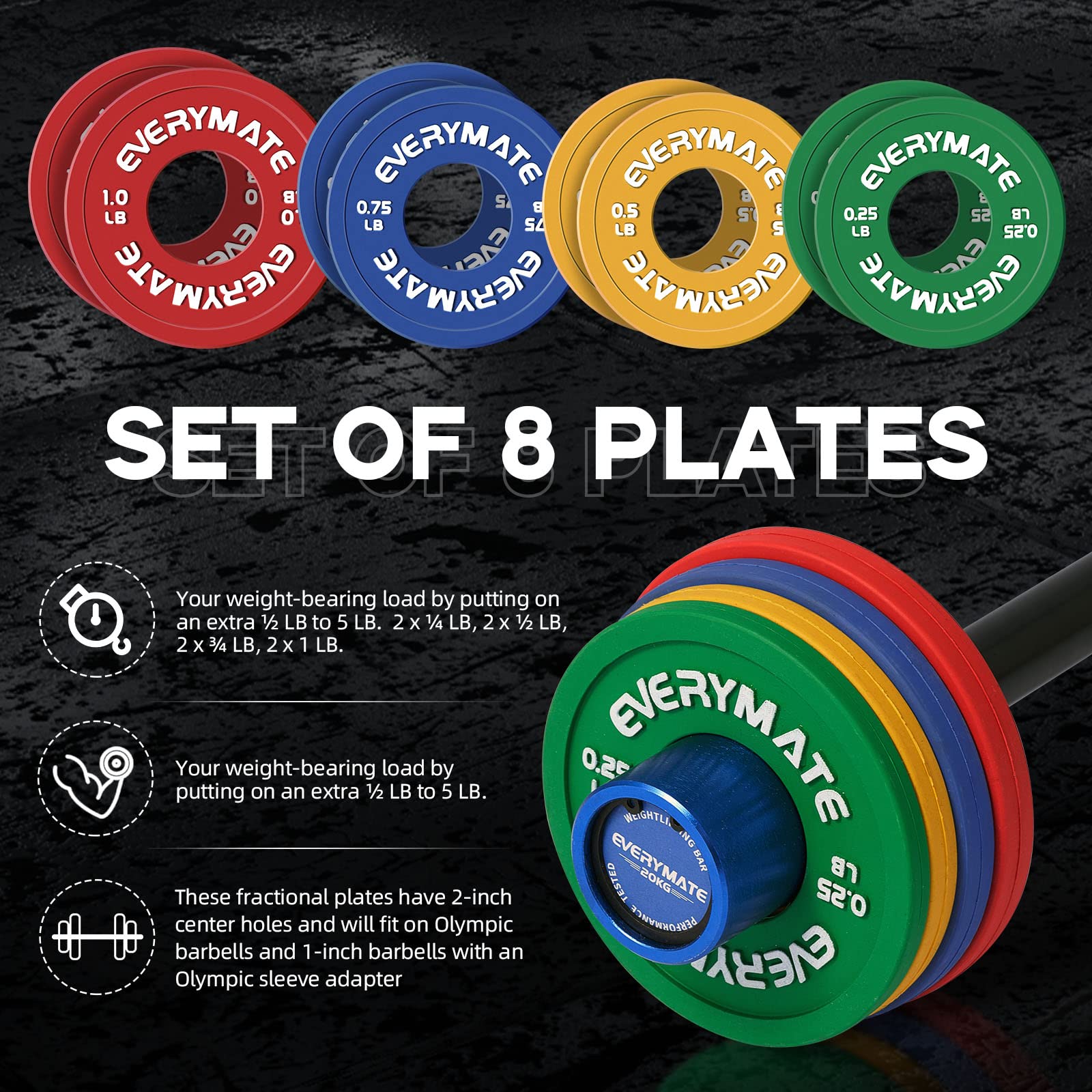EVERYMATE Rubber Fractional Weight Plates Set Micro Weight Plate Pair of 0.25LB 0.5LB 0.75LB 1 LB for Olympic Barbells for Strength Training Micro