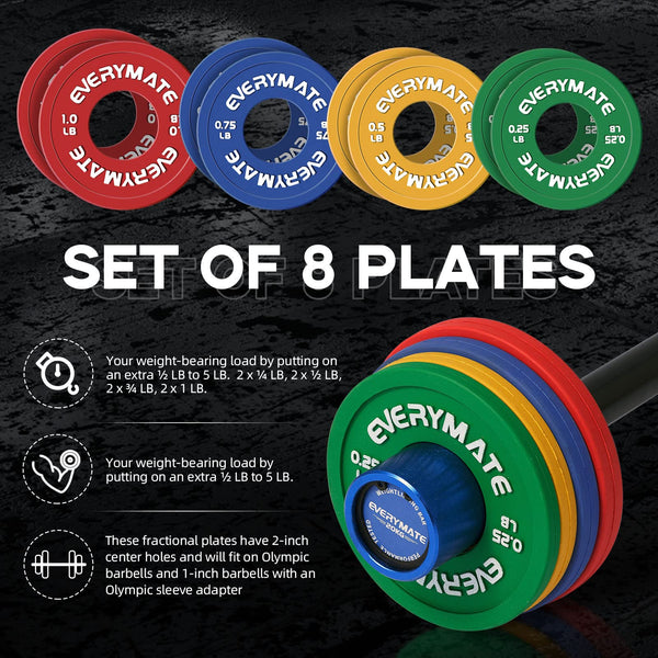 EVERYMATE Rubber Fractional Weight Plates Set Micro Weight Plate Pair of 0.25LB 0.5LB 0.75LB 1 LB for Olympic Barbells for Strength Training Micro