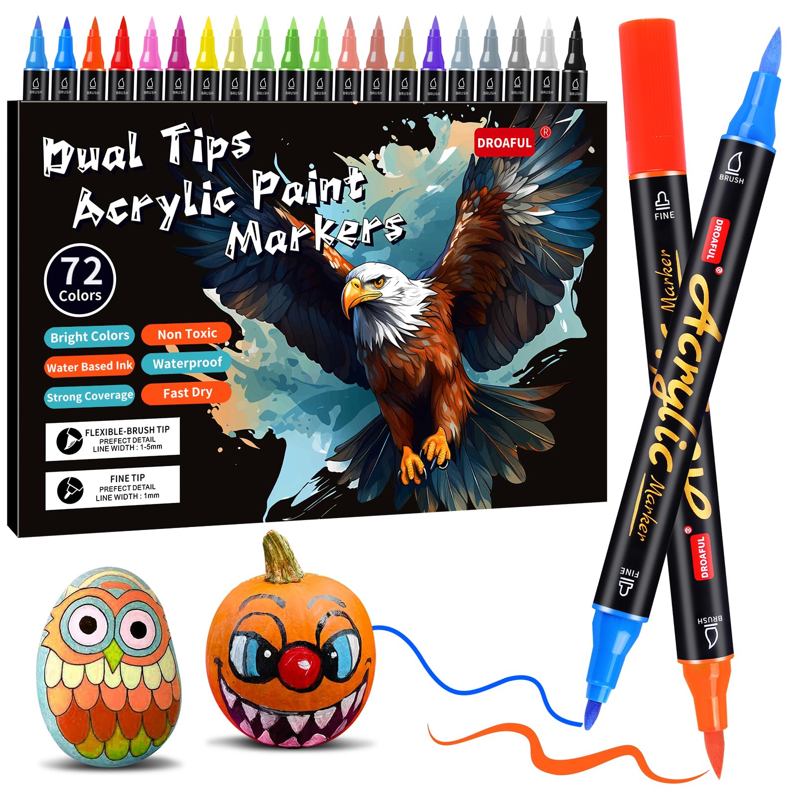 Acrylic Paint Pens Markers,72 Color Paint Markers Dual Fine & Brush Tips For Rock Painting,Fabric,Metal,Glass,Wood,Canvas,Ceramic,Plastic,Non-Toxic &