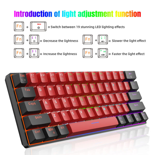 Snpurdiri 60% Wired Mechanical Gaming Keyboard, Mini 61-Key With Red Switches for PC, Windows XP, Win 7, Win 10 (Black-Red)