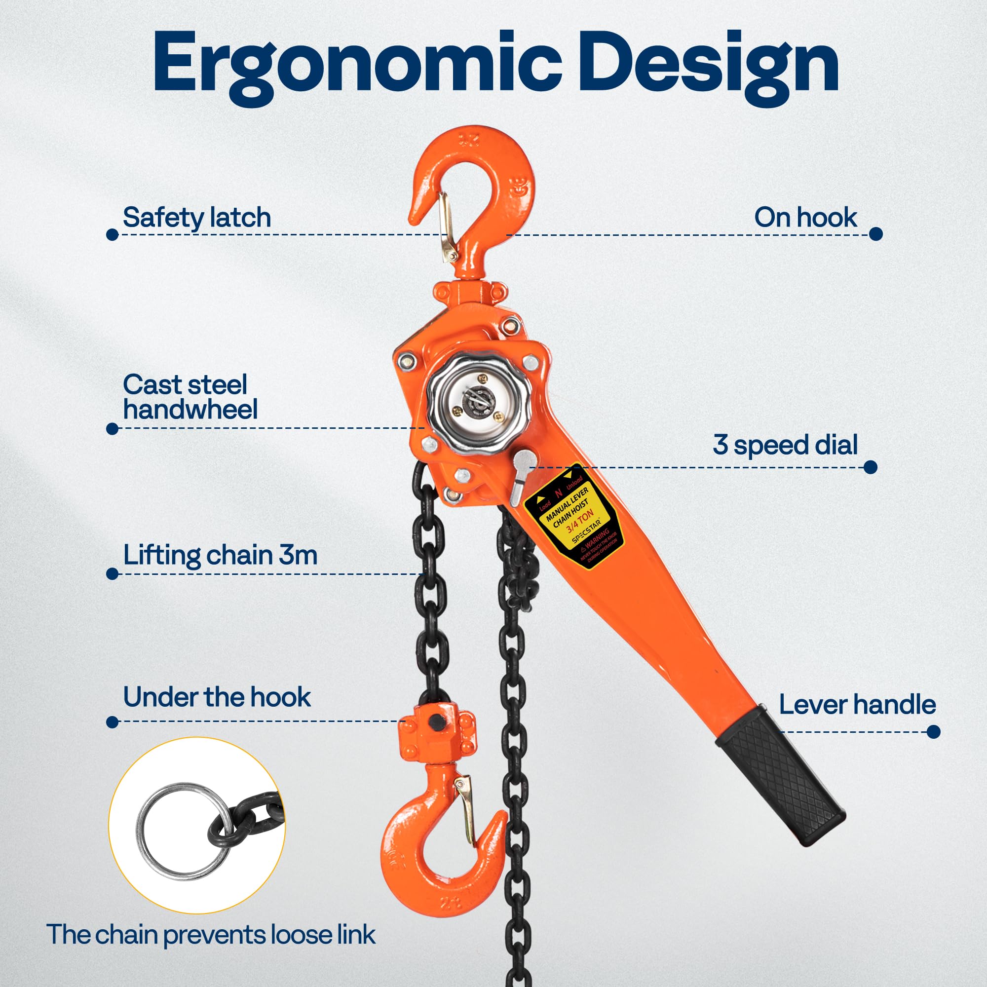 SPECSTAR Hand Chain Hoist 1250kg Capacity 3m with 2 Heavy Duty Hooks Manual Chain Fall for Warehouse Building Automotive Machinery