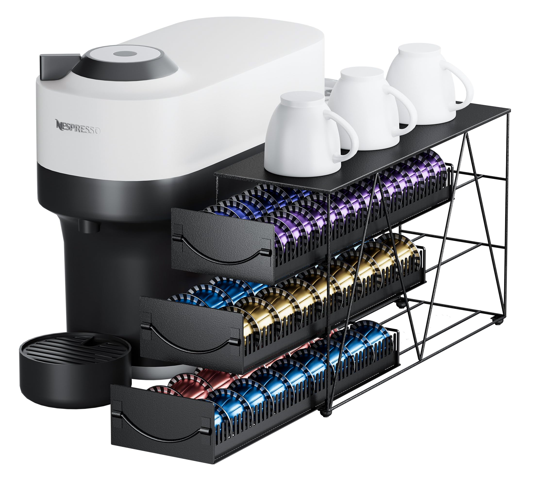 HFHOME Coffee Pod Holder Drawer for 90 Nespresso Vertuo Pods, 3 Tier Nespresso Pod Organizer, Metal Coffee Capsules Storage Stand with Sliding Drawers