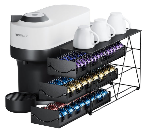 HFHOME Coffee Pod Holder Drawer for 90 Nespresso Vertuo Pods, 3 Tier Nespresso Pod Organizer, Metal Coffee Capsules Storage Stand with Sliding Drawers