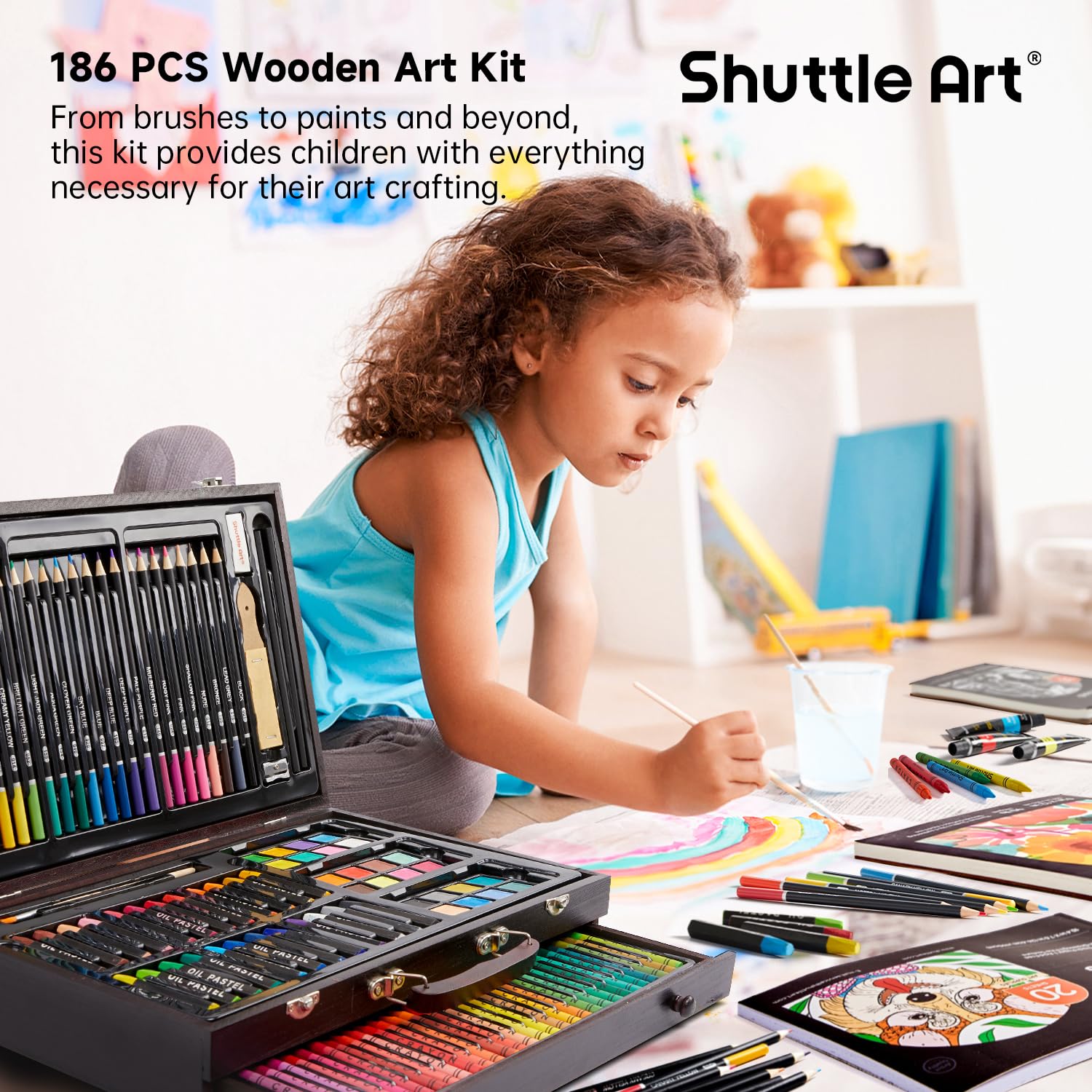 Shuttle Art 186 Piece Deluxe Art Set, Art Supplies in Wooden Case, Painting Drawing Art Kit with Acrylic Paint Pencils Oil Pastels Watercolour Cakes