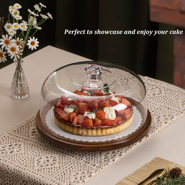 ANBOXIT Cake Stand with Dome Lid, Acacia Wood Rotating Cake Plate with Cover, Wooden Cake Display Stand with Acrylic Dome ( Rotatable )