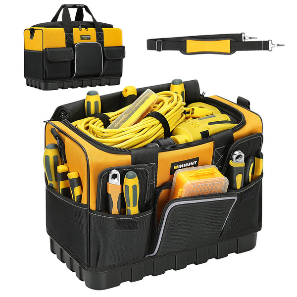 WINHUNT Open Mouth Tool Bag, Heavy Duty Electrician Tool Bags, Tool Storage Organiser with Waterproof Hard Base, Yellow/Black, 16 Inch