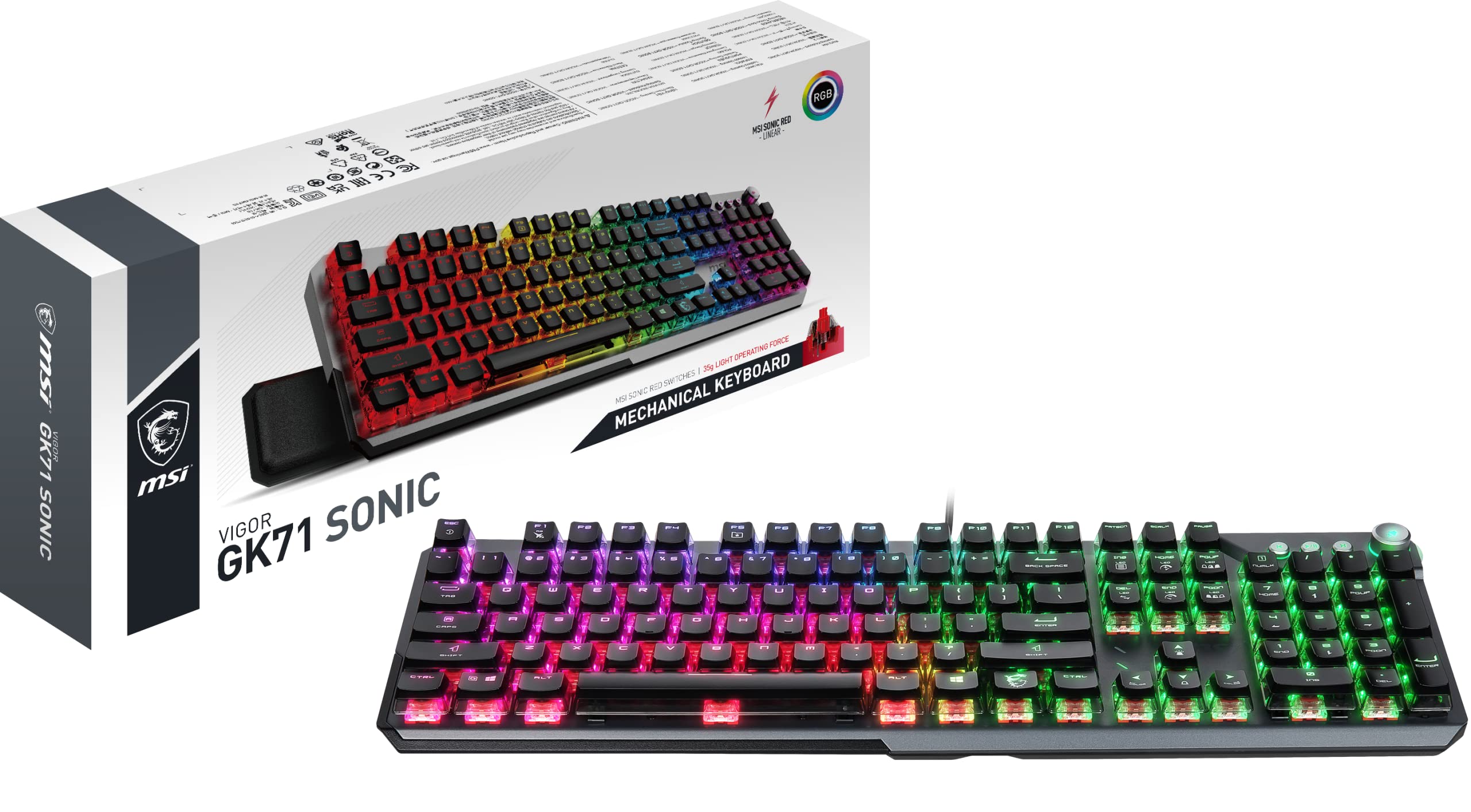 MSI Vigor GK71 Sonic Mechanical Gaming Keyboard (UK Layout) - MSI Sonic Red Switches (Linear), Ergonomic Keycaps, Anti-slip Base, Per-key RGB Mystic Light, USB 2.0 - Full-Sized