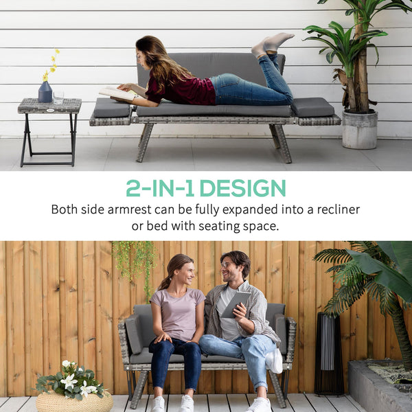 Outsunny Rattan Garden Sofa Bed with Adjustable Armrests, 2-in-1 Convertible Couch Garden Daybed Lounger, Outdoor Folding Chaise Lounge Loveseat with Cushions for Porch, Patio, Brown