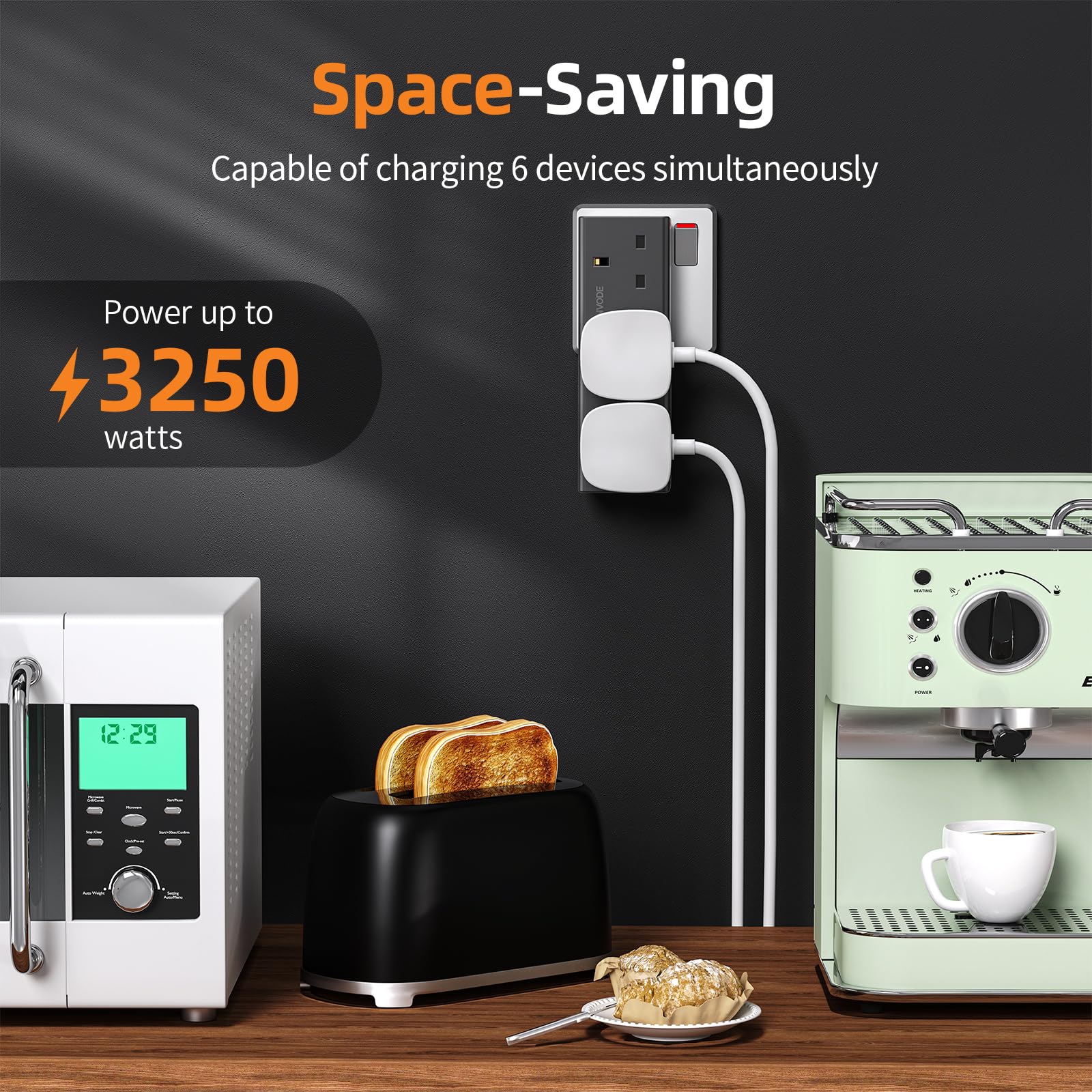 Multi Plug Extension with USB C Slot, 3 Way Plug Wall Charger Socket, Multi Outlets Extender Adapter UK for School, Home, Kitchen, Office (White)