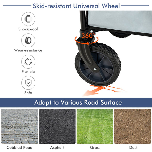 COSTWAY Folding Camping Wagon, Collapsible Beach Garden Trolley with Cup Holders and Adjustable Handle, Canvas Transport Utility Cart for Shopping Gardening Sporting Events (Navy Blue)