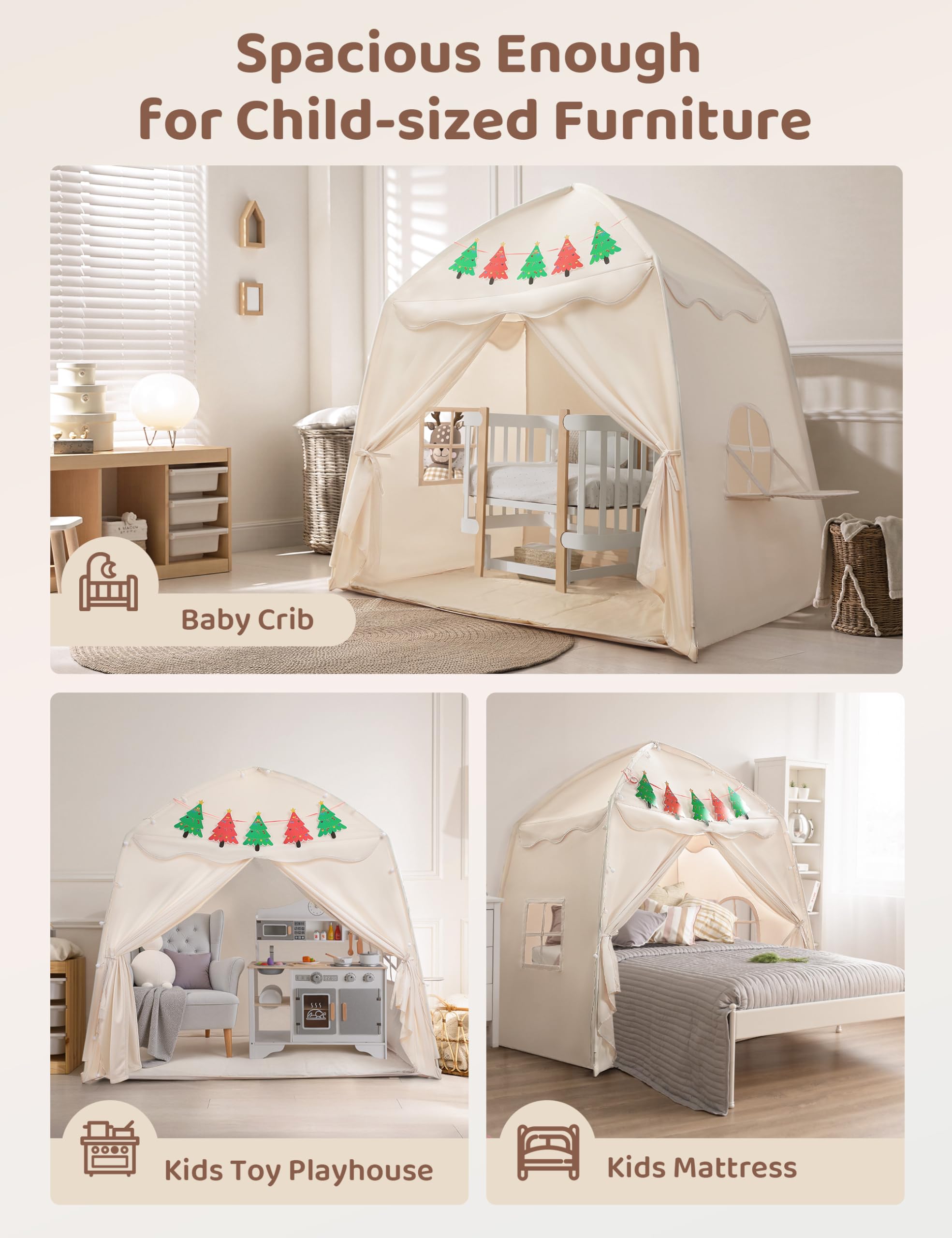 besrey Kids Play Tent Playhouse for Indoor & Outdoor – Spacious Design with Windows, Christmas Tree Flag & Lights Included